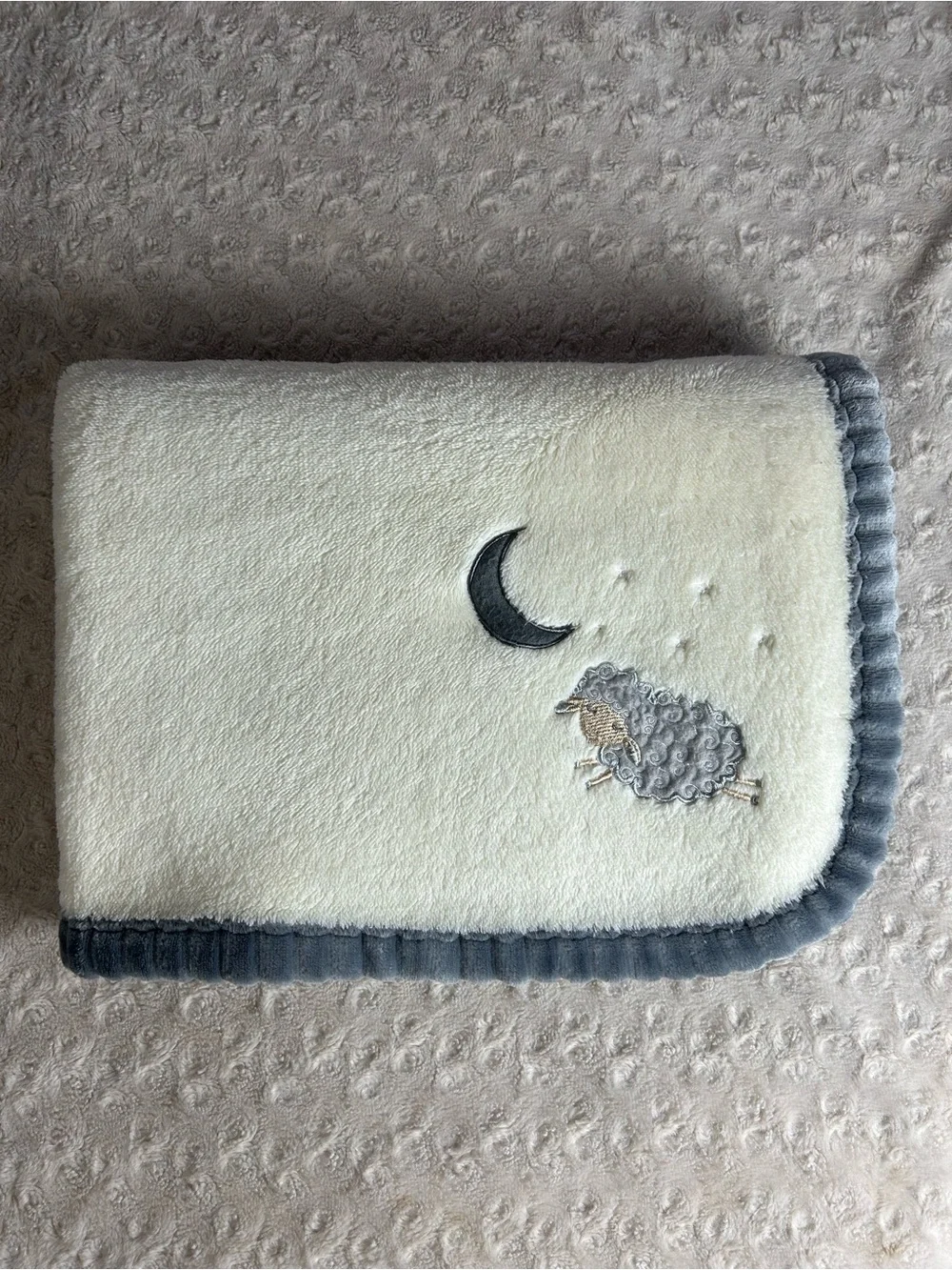 SL Home Fashions Sheep Lamb Moon Stars Baby Blanket Cream Gray Edge Ribbed Trim